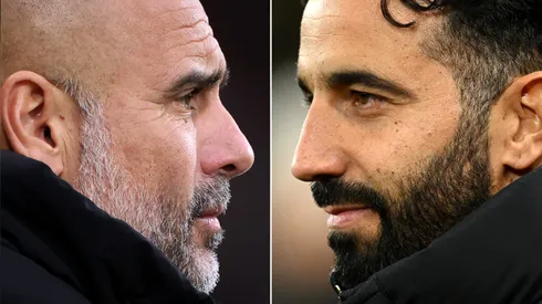 In this composite image a comparison has been made between Pep Guardiola, Manager of Manchester City (L) and Ruben Amorim, Head Coach of Manchester United.
