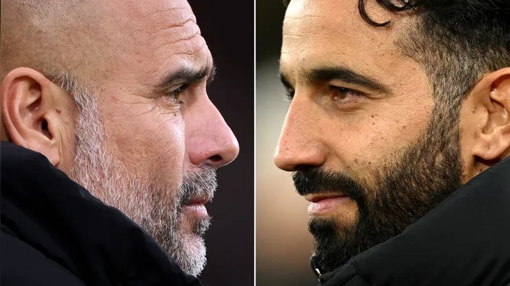 In this composite image a comparison has been made between Pep Guardiola, Manager of Manchester City (L) and Ruben Amorim, Head Coach of Manchester United.