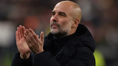 Josep Guardiola Head Coach of Manchester City applauds the fans following the final whistle of the UEFA Champions League match at Juventus Stadium, Turin.