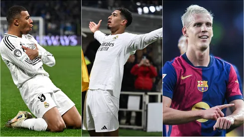 Kylian Mbappe, Jude Bellingham, and Dani Olmo with their trademarked celebrations.