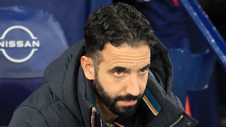 Premier League Football, Manchester City versus Manchester United, ManU Manchester United manager Ruben Amorim looks on from his seat in the dugout.