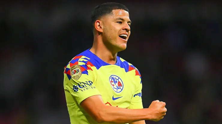 Richard Sanchez celebrates his goal 1-0 of America during the 2nd round match between America and Queretaro as part of the Torneo Clausura 2024 Liga MX at Azteca Stadium on January 20, 2024 in Mexico City, Mexico.