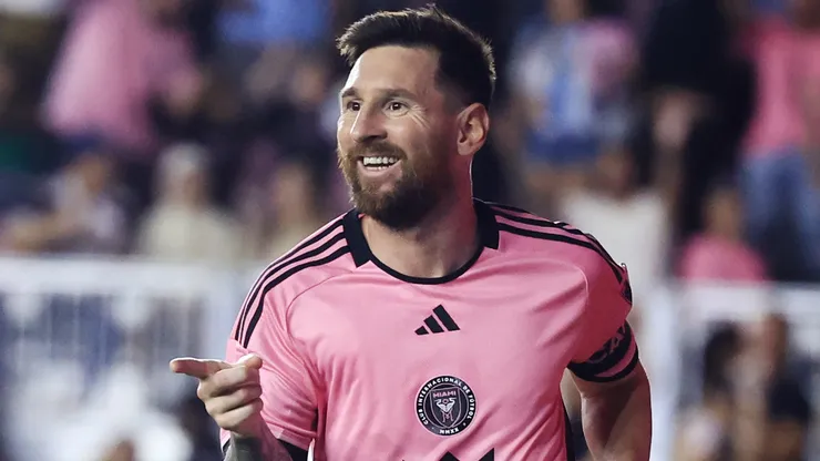 Lionel Messi #10 of Inter Miami celebrates scoring his third goal during the second half against the New England Revolution at Chase Stadium on October 19, 2024 in Fort Lauderdale, Florida.