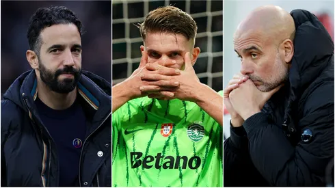 Ruben Amorim (left), Viktor Gyokeres (center0, and Pep Guardiola (right)