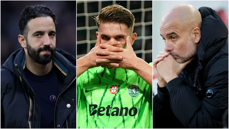 Ruben Amorim (left), Viktor Gyokeres (center0, and Pep Guardiola (right)