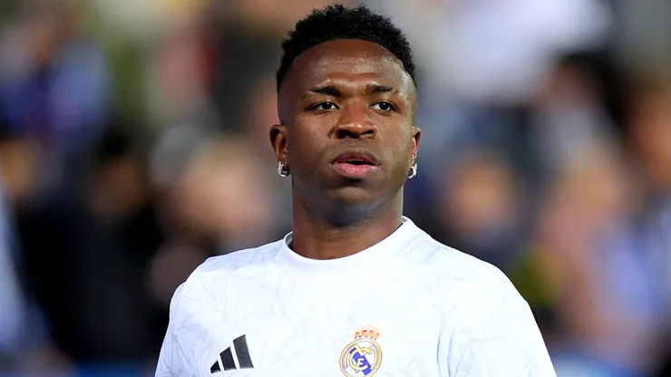 Vinicius Junior of Real Madrid looks on, during the warm up prior to the LaLiga match between CD Leganes and Real Madrid CF at Estadio Municipal de Butarque on November 24, 2024 in Leganes, Spain.