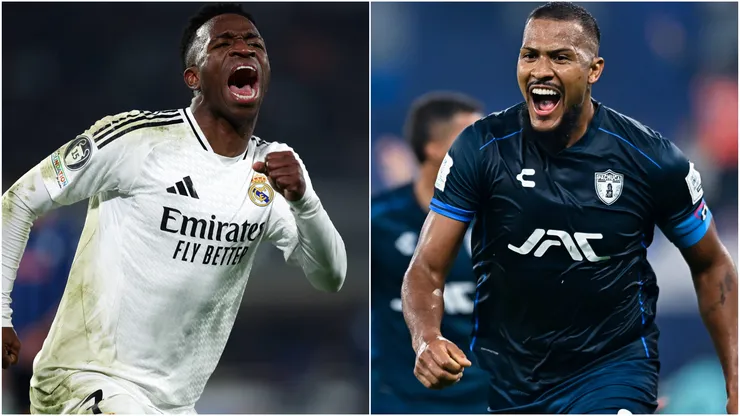 Vinicius Juniors of Real Madrid (L) and Salomon Rondon of Pachuca.