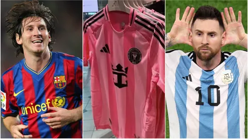 Lionel Messi at Barcelona and Argentina and leaked 2025 Inter Miami home kit
