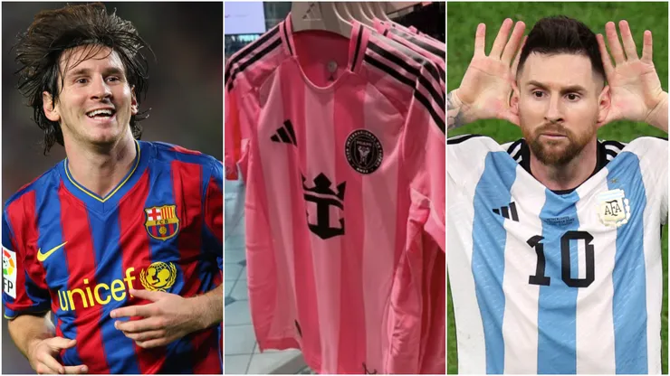 Lionel Messi at Barcelona and Argentina and leaked 2025 Inter Miami home kit