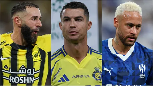 Karim Benzema (left), Cristiano Ronaldo (center), and Neymar (right)