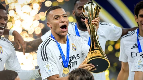 Kylian Mbappe of Real Madrid celebrates with the Intercontinental Cup