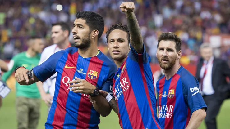 Barca’s forward Luis Suarez, forward Neymar Santos Jr and forward Leo Messi after Copa del Rey (King s Cup) Final between Deportivo Alaves and FC Barcelona at Vicente Calderon Stadium in Madrid, May 27, 2017.
