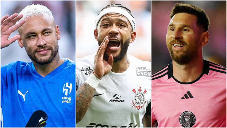 Neymar (lefT). Memphis Depay (center), and Lionel Messi (right)