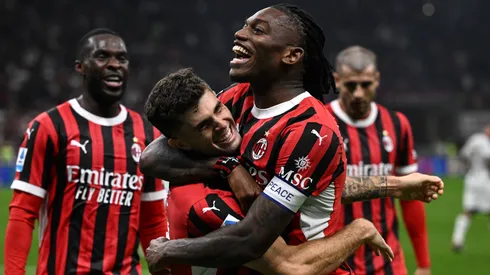 Christian Pulisic of AC Milan celebrates with Rafael Leao of AC Milan after scoring a goal during the Serie A football match between AC Milan and US Lecce.