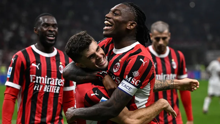 Christian Pulisic of AC Milan celebrates with Rafael Leao of AC Milan after scoring a goal during the Serie A football match between AC Milan and US Lecce.