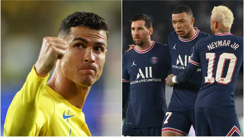 Cristiano Ronaldo (left), and Lionel Mess, Neymar, Kylian Mbappe (right)