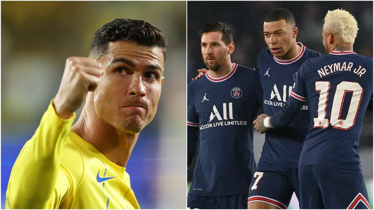 Cristiano Ronaldo (left), and Lionel Mess, Neymar, Kylian Mbappe (right)