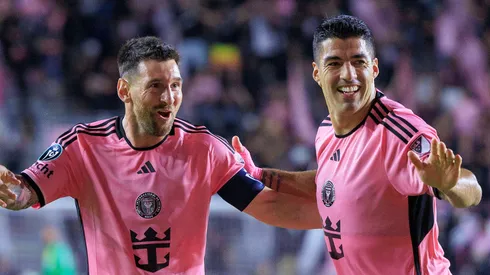 Lionel Messi 10 of the Inter Miami celebrates a goal with Luis Suarez 9 during the Round of 16 Champions Cup game against Nashville SC on Wednesday March 13, 2024 at the Chase Stadium in Fort Lauderdale, Florida.