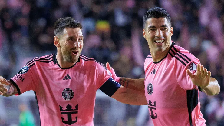 Lionel Messi 10 of the Inter Miami celebrates a goal with Luis Suarez 9 during the Round of 16 Champions Cup game against Nashville SC on Wednesday March 13, 2024 at the Chase Stadium in Fort Lauderdale, Florida.