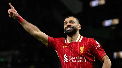 Mohamed Salah of Liverpool FC celebrates after scoring goal during the Premier League match between Tottenham Hotspur FC and Liverpool FC at Tottenham Hotspur Stadium on December 22, 2024 in London, England.