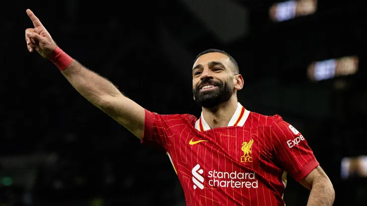 Mohamed Salah of Liverpool FC celebrates after scoring goal during the Premier League match between Tottenham Hotspur FC and Liverpool FC at Tottenham Hotspur Stadium on December 22, 2024 in London, England.