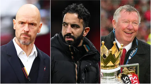 Erik Ten Hag (left), Ruben Amorim (center), and Sir Alex Ferguson (right)