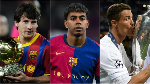 Lionel Messi (left), Lamine Yamal (center), and Cristiano Ronaldo (right)