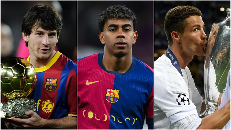 Lionel Messi (left), Lamine Yamal (center), and Cristiano Ronaldo (right)