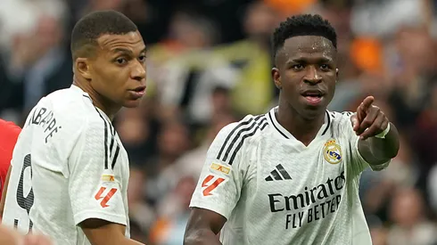 Real Madrid's Kylian Mbappe (L) and Vinicius Junior (R) celebrate goal during La Liga match. November 9, 2024.