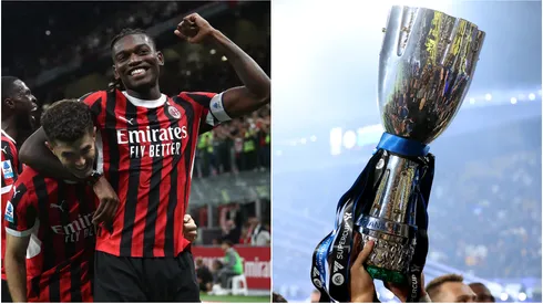 Rafael Leao, Christian Pulisic (left) and Italian Super Cup trophy (right)