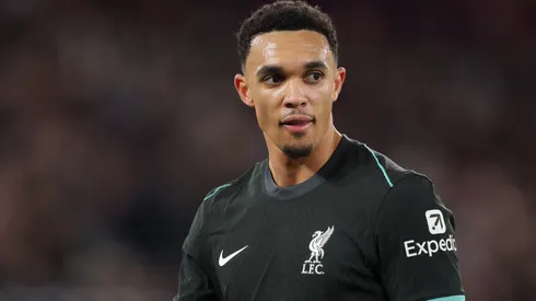 Trent Alexander-Arnold of Liverpool looks on during the Premier League match between West Ham United FC and Liverpool FC at London Stadium on December 29, 2024 in London, England.
