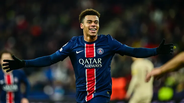 Desire Doue of Paris Saint-Germain celebrates scoring his team's third goal during the UEFA Champions League 2024/25 League Phase MD6 match against FC Salzburg.