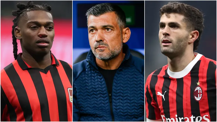 Rafael Leao (left), Sergio Conceicao (center), and Christian Pulisic (right)