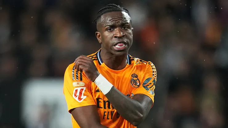 Vinicius Junior of Real Madrid reacts during the LaLiga match between Valencia CF and Real Madrid CF at Estadio Mestalla on January 03, 2025 in Valencia, Spain.