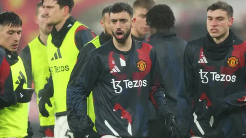 Bruno Fernandes of Manchester United looks on during the warm up prior to the Premier League match between Liverpool FC and Manchester United FC at Anfield on January 05, 2025 in Liverpool, England.