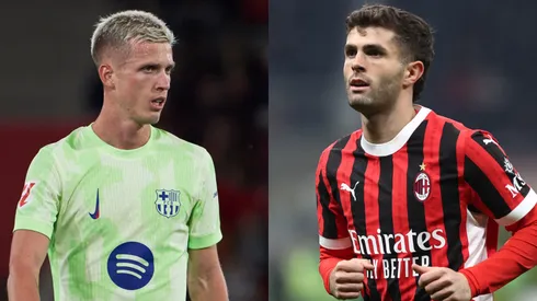 Dani Olmo of FC Barcelona and Christian Pulisic of AC Milan.