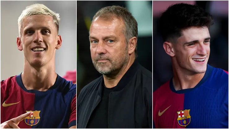 Dani Olmo (left), Hansi Flick (center), and Pau Victor (right)