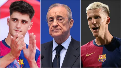 Pau Victor (left), Florentino Perez (center), and Dani Olmo (right)