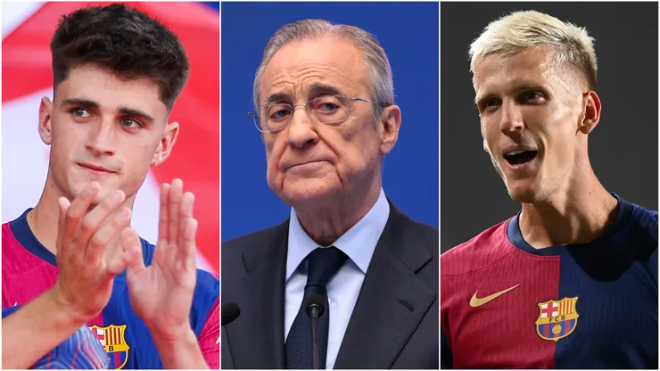 Pau Victor (left), Florentino Perez (center), and Dani Olmo (right)