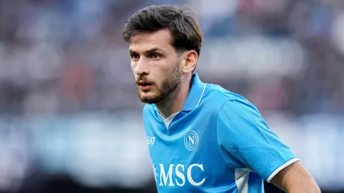 Khvicha Kvaratskhelia of SSC Napoli looks on during the serie Serie A Enilive match between SSC Napoli and Venezia FC at Stadio Diego Armando Maradona on December 29, 2024 in Naples, Italy.