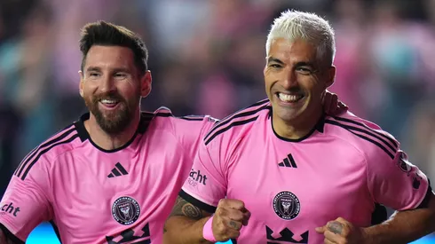 Luis Suárez #9 of Inter Miami celebrates a goal with Lionel Messi.