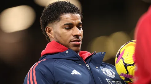 Marcus Rashford of Manchester United warms up prior to the Premier League match between Manchester United FC and Newcastle United FC at Old Trafford on December 30, 2024 in Manchester, England.