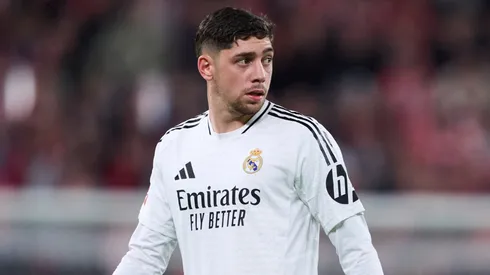 Federico Valverde of Real Madrid looks on during the LaLiga match between Athletic Club and Real Madrid CF at Estadio de San Mames on December 04, 2024 in Bilbao, Spain.