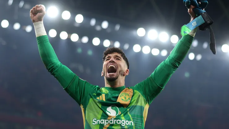 Altay Bayindir of Manchester United celebrates victory in the penalty shoot out after the Emirates FA Cup Third Round match between Arsenal and Manchester United at Emirates Stadium on January 12, 2025 in London, England