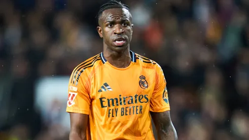 Vinicius Junior of Real Madrid reacts during the LaLiga match between Valencia CF and Real Madrid CF at Estadio Mestalla on January 03, 2025 in Valencia, Spain.