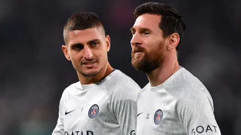 Marco Verratti and Lionel Messi of Paris Saint-Germain look on prior to the UEFA Champions League Group H match between Juventus and Paris Saint-Germain at Juventus Stadium on November 02, 2022 in Turin, Italy.
