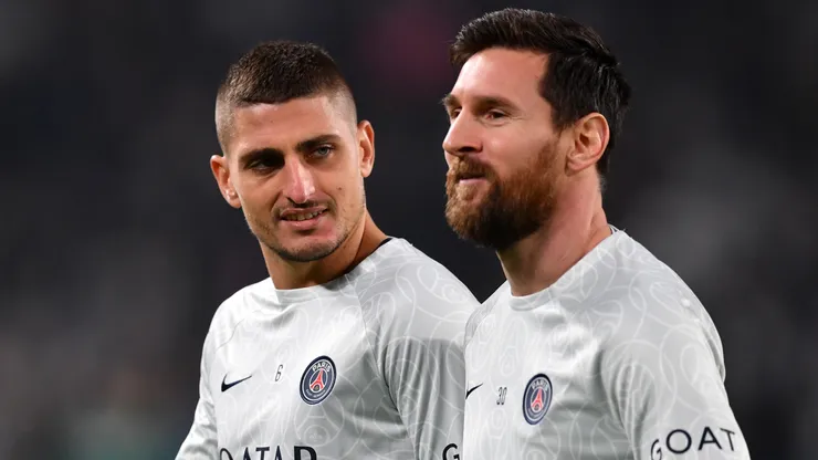 Marco Verratti and Lionel Messi of Paris Saint-Germain look on prior to the UEFA Champions League Group H match between Juventus and Paris Saint-Germain at Juventus Stadium on November 02, 2022 in Turin, Italy.