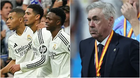 Kylian Mbappe, Vinicius, Jude Bellingham (left) and Carlo Ancelotti (right)