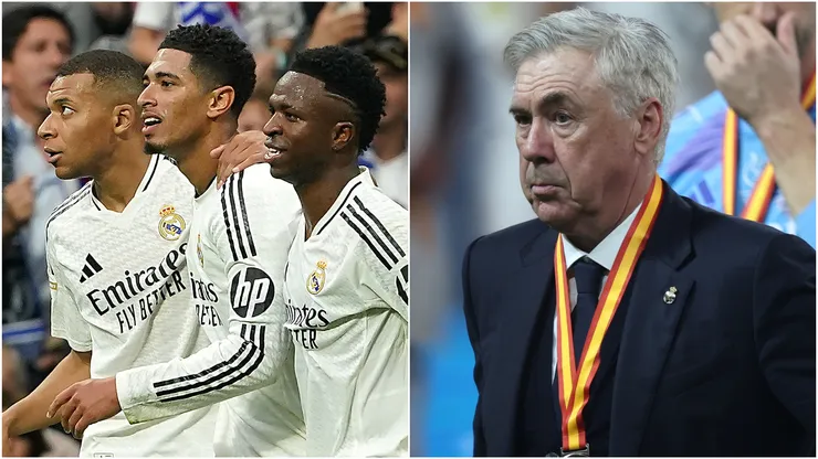 Kylian Mbappe, Vinicius, Jude Bellingham (left) and Carlo Ancelotti (right)