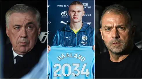 Carlo Ancelotti (left), Erling Haaland (center), Hansi Flick (right)